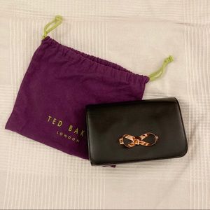 Ted Baker London: Metallic Bow Black Satin Evening Cross Body / Clutch Bag